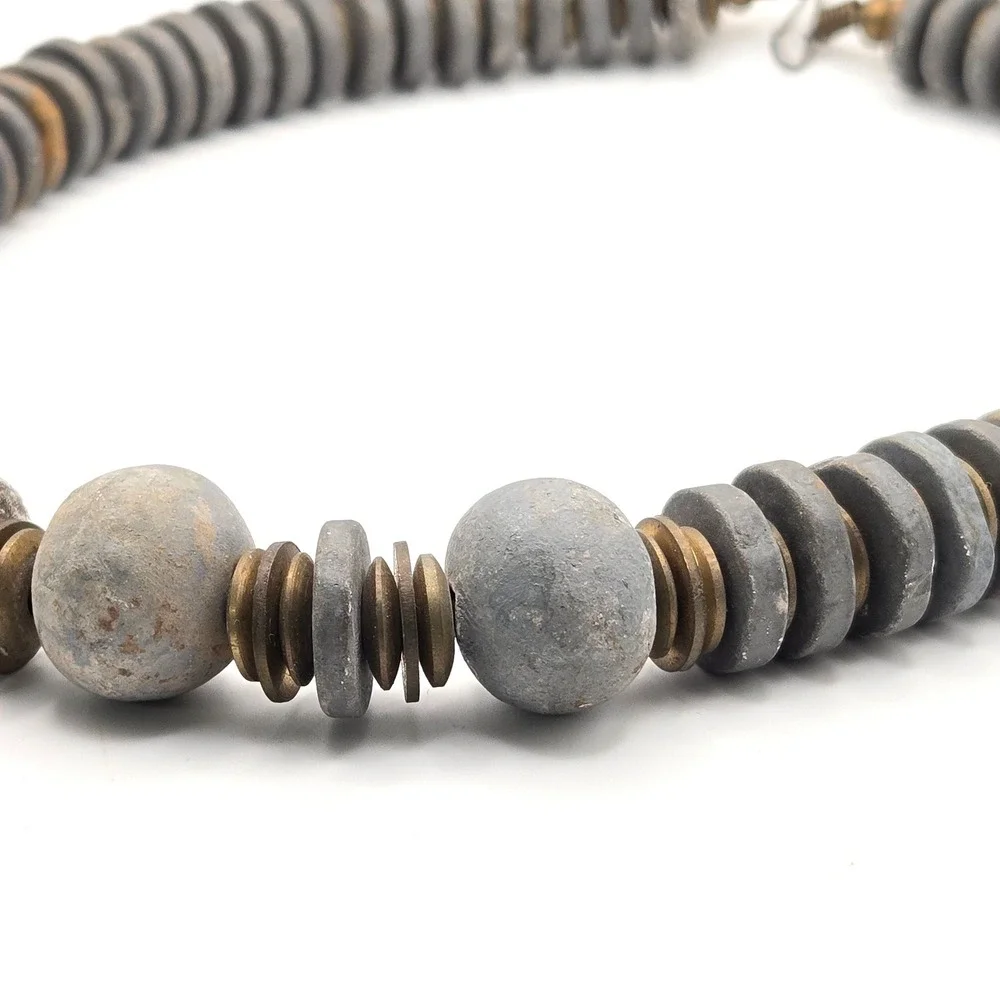 Vintage‎ Gray Cast Stone Disc and Sphere Bead Necklace with Brass Spacers 20
